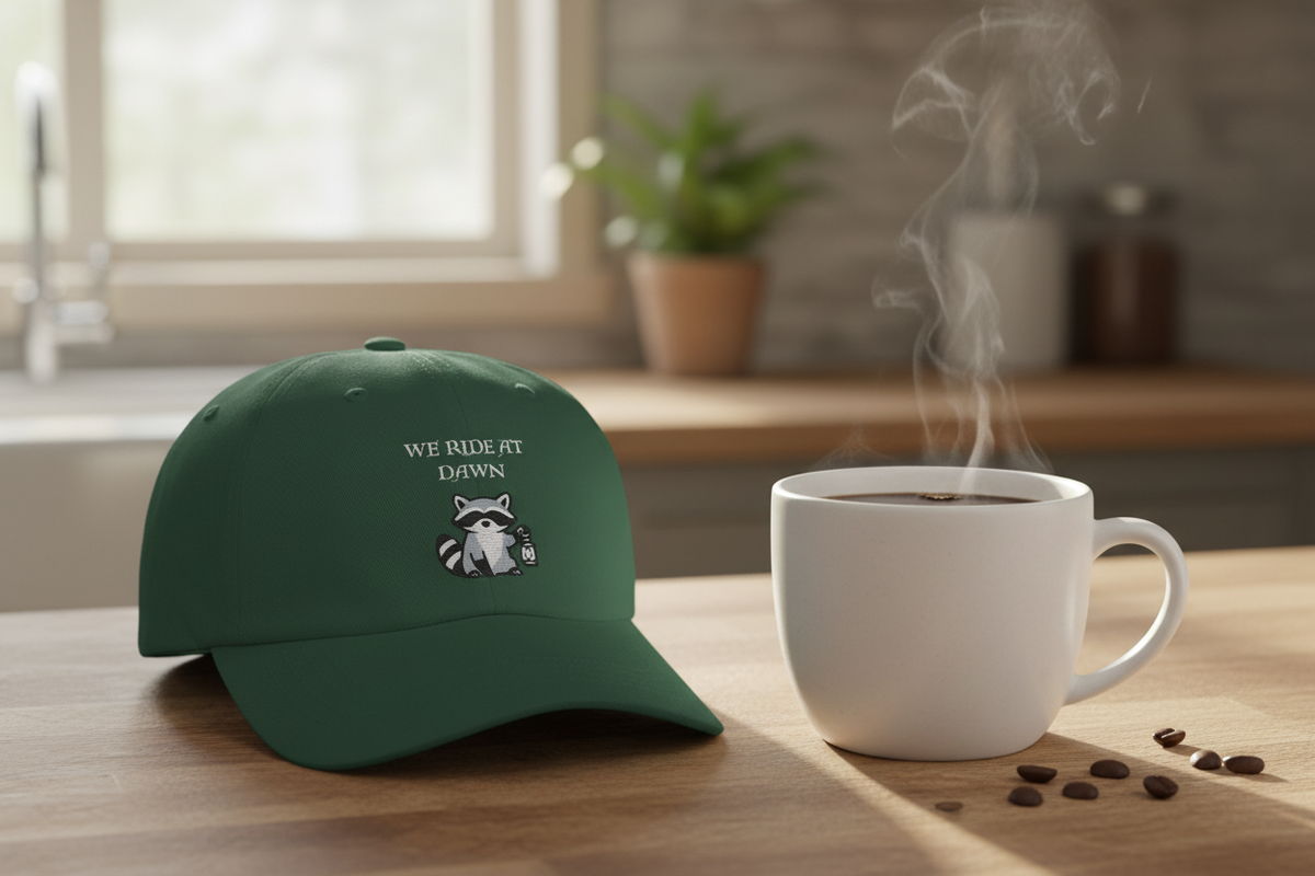 We Ride at Dawn raccoon embroidered dad cap, front view