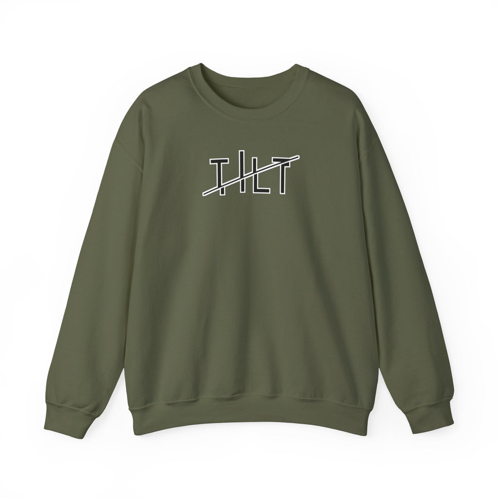 A green sweatshirt with a stylized graphic off-set text that says TILT against  a white background