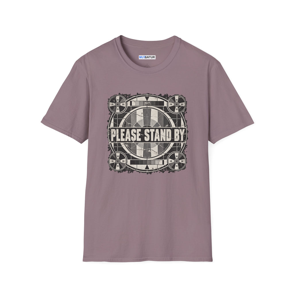 a light purple crew neck t shirt with a retro black and white television display sign that reads  PLEASE STAND BY against a white background