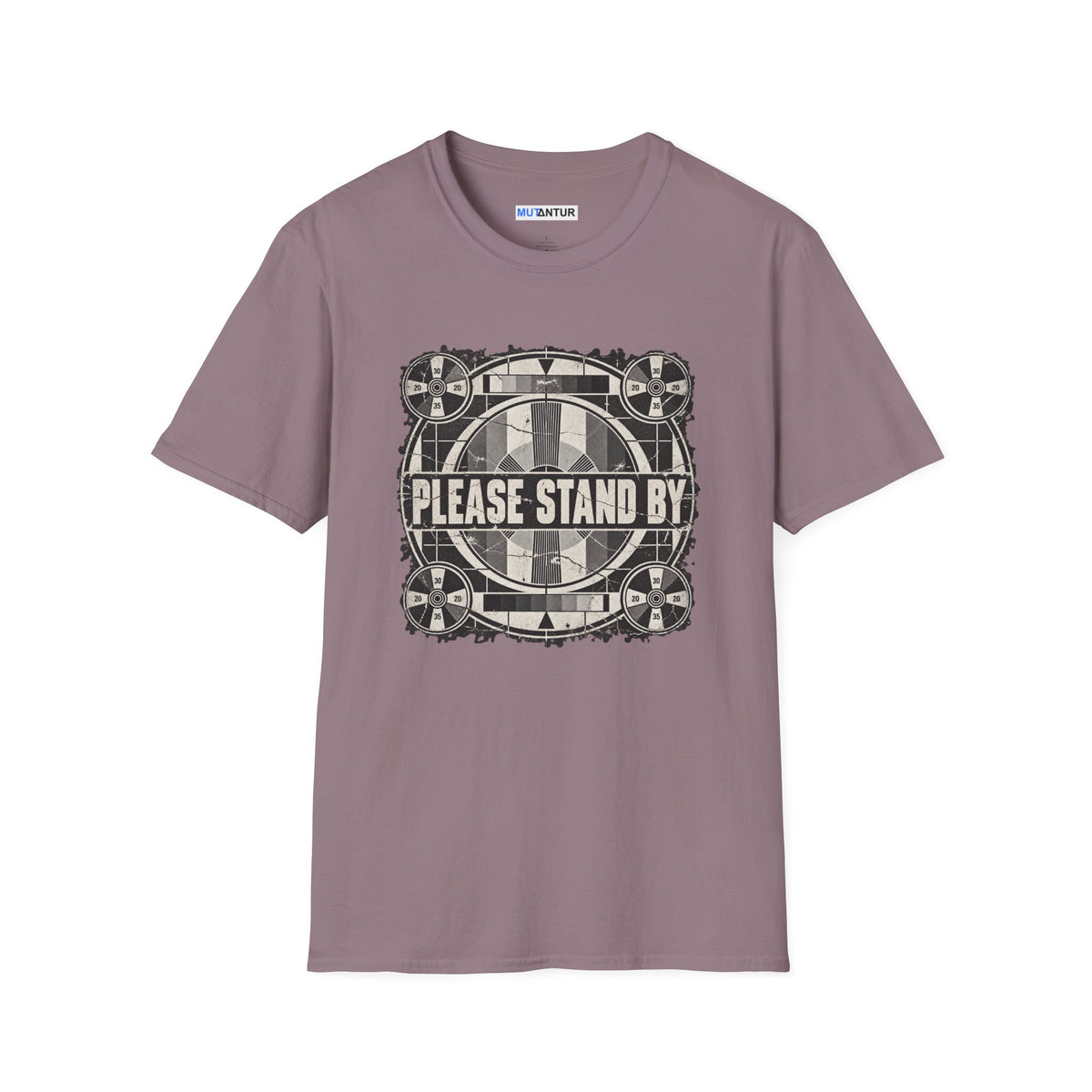 a light purple crew neck t shirt with a retro black and white television display sign that reads  PLEASE STAND BY against a white background