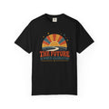 A black crewneck t-shirt with a retro sunset graphic and the text 'THE FUTURE IS WORTH CELEBRATING' printed on the chest, displayed on a clean white background.