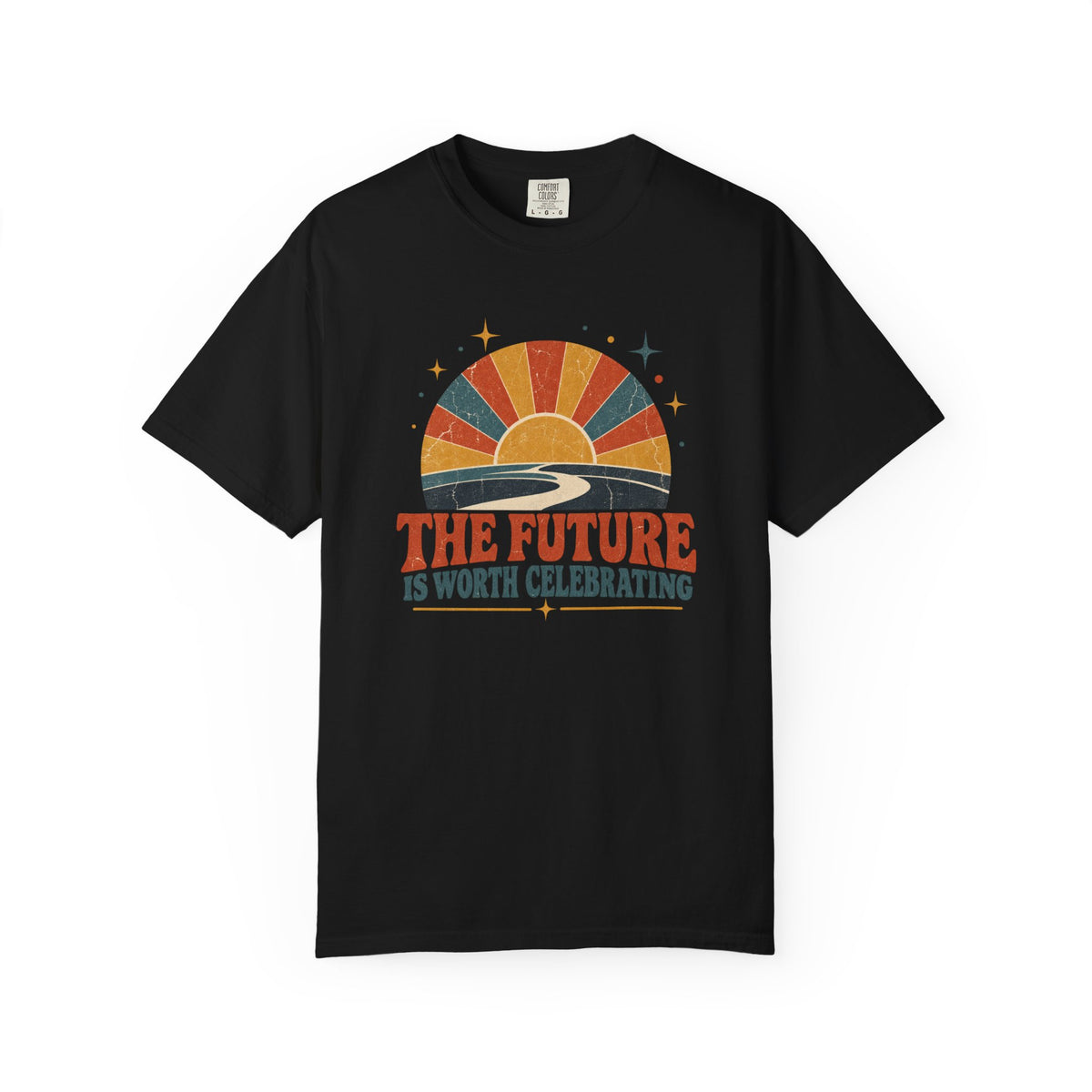 A black crewneck t-shirt with a retro sunset graphic and the text 'THE FUTURE IS WORTH CELEBRATING' printed on the chest, displayed on a clean white background.