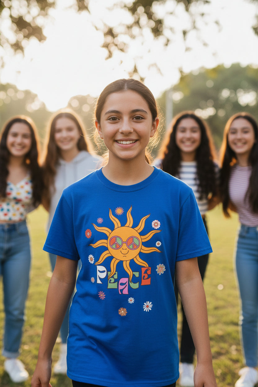 Retro Smiling Sun Peace T-Shirt | 70s Hippie Graphic Tee - Mutantur Labs LLC