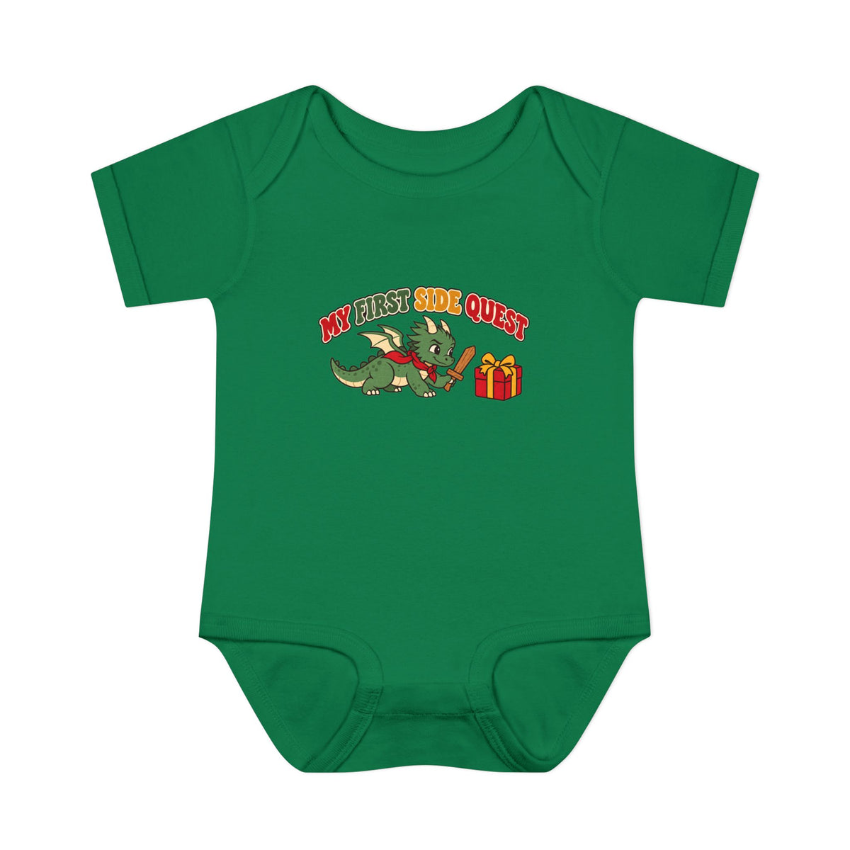 A green short-sleeve baby bodysuit with a cartoon graphic of a green dragon holding a red staff next to a red gift box, with the text 'MY FIRST SIDE QUEST' in red and yellow.