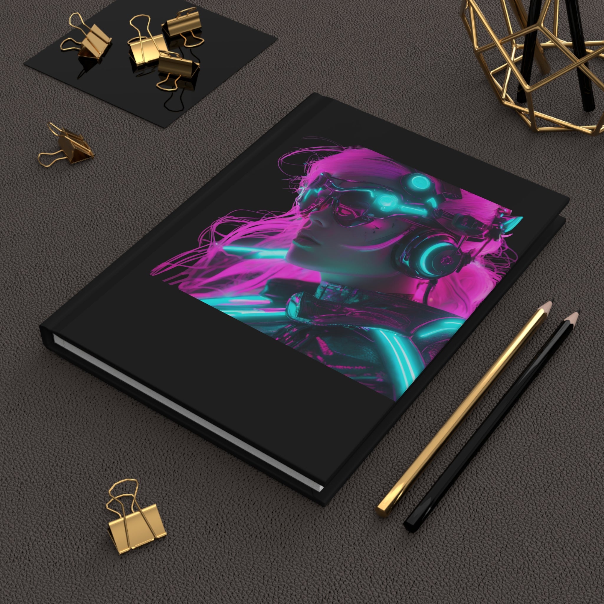 Futuristic Hardcover Journal - Neon Cyberpunk Aesthetic Writing Notebook