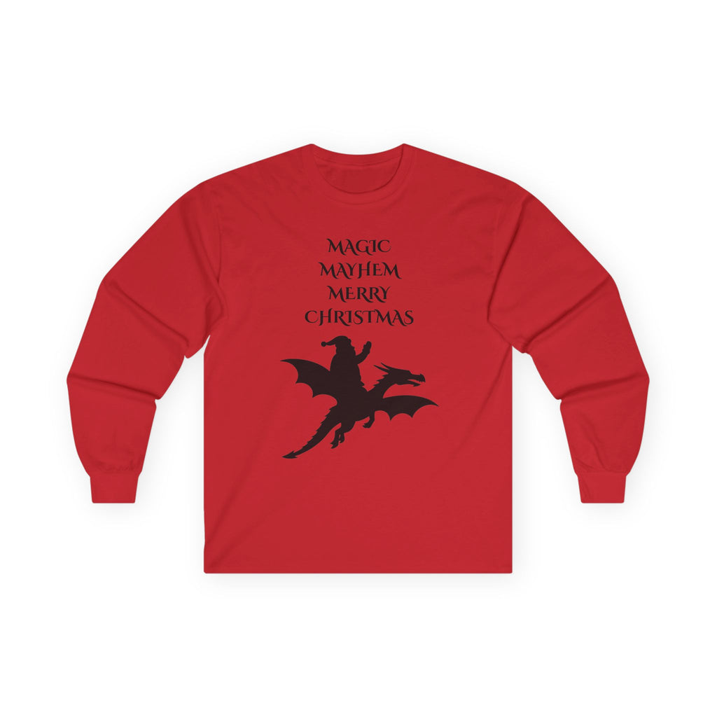 A red long-sleeve crewneck t-shirt with a black graphic of a winged rider on a dragon and the text 'MAGIC MAYHEM MERRY CHRISTMAS' printed on the chest, shown against a plain white background.