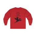 A red long-sleeve crewneck t-shirt with a black graphic of a winged rider on a dragon and the text 'MAGIC MAYHEM MERRY CHRISTMAS' printed on the chest, shown against a plain white background.
