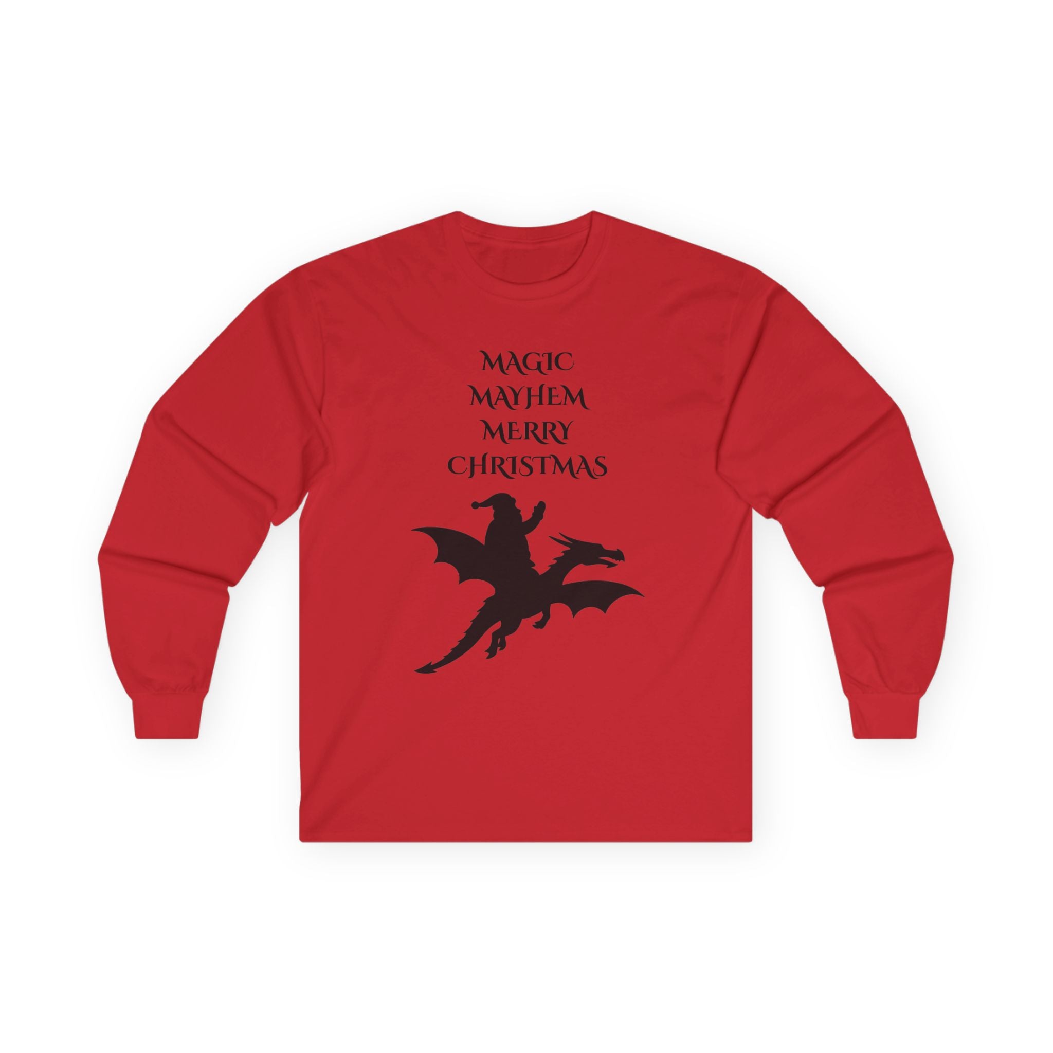 A red long-sleeve crewneck t-shirt with a black graphic of a winged rider on a dragon and the text 'MAGIC MAYHEM MERRY CHRISTMAS' printed on the chest, shown against a plain white background.
