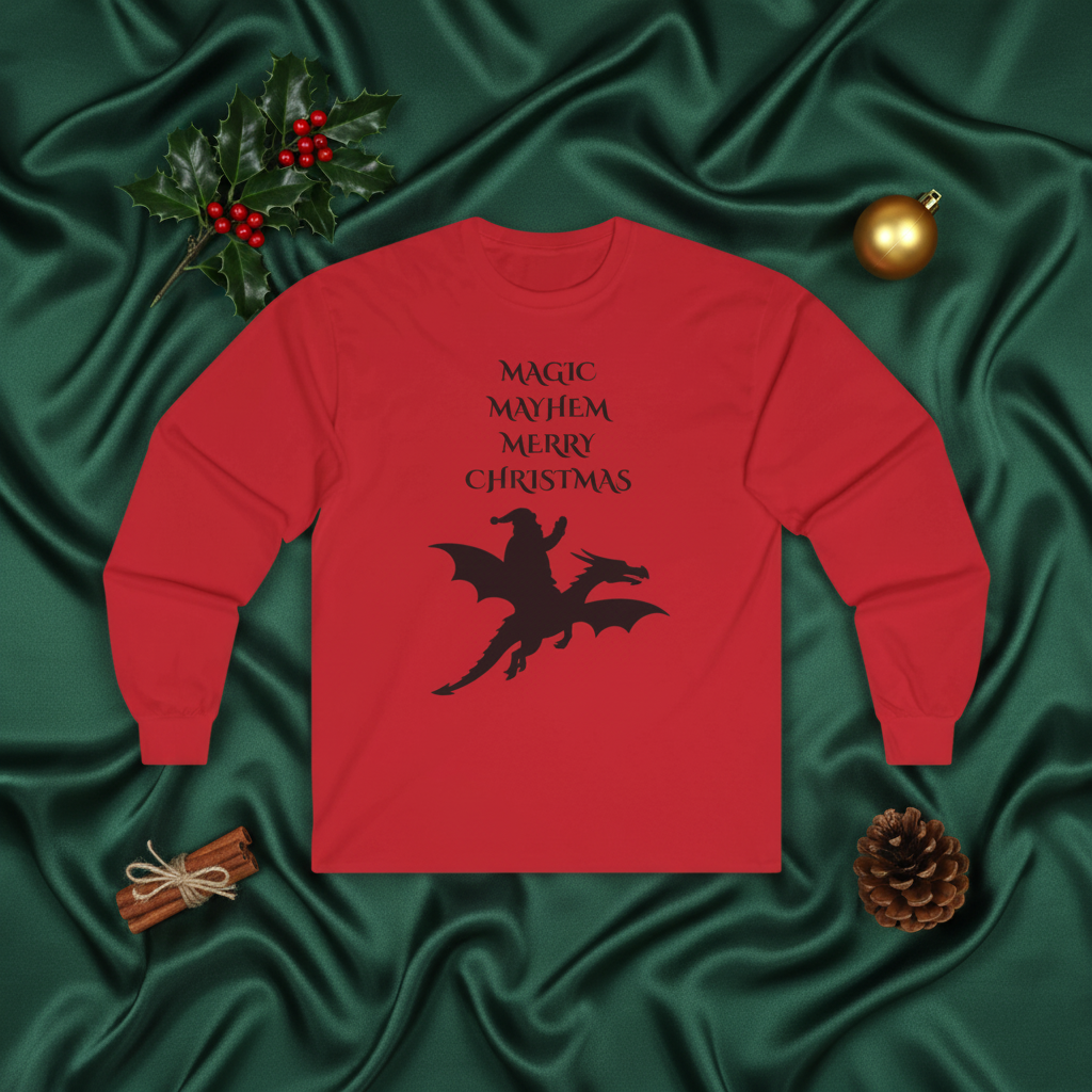 Magic Mayhem Merry Christmas Long Sleeve | Santa Dragon Silhouette Holiday Shirt