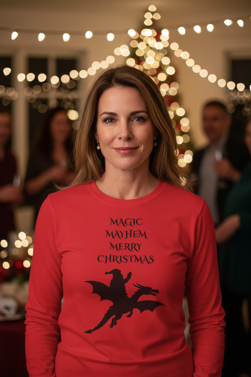 A red long-sleeve crewneck t-shirt with a black graphic of a winged rider on a dragon and the text 'MAGIC MAYHEM MERRY CHRISTMAS' printed on the chest, shown against a plain white background.