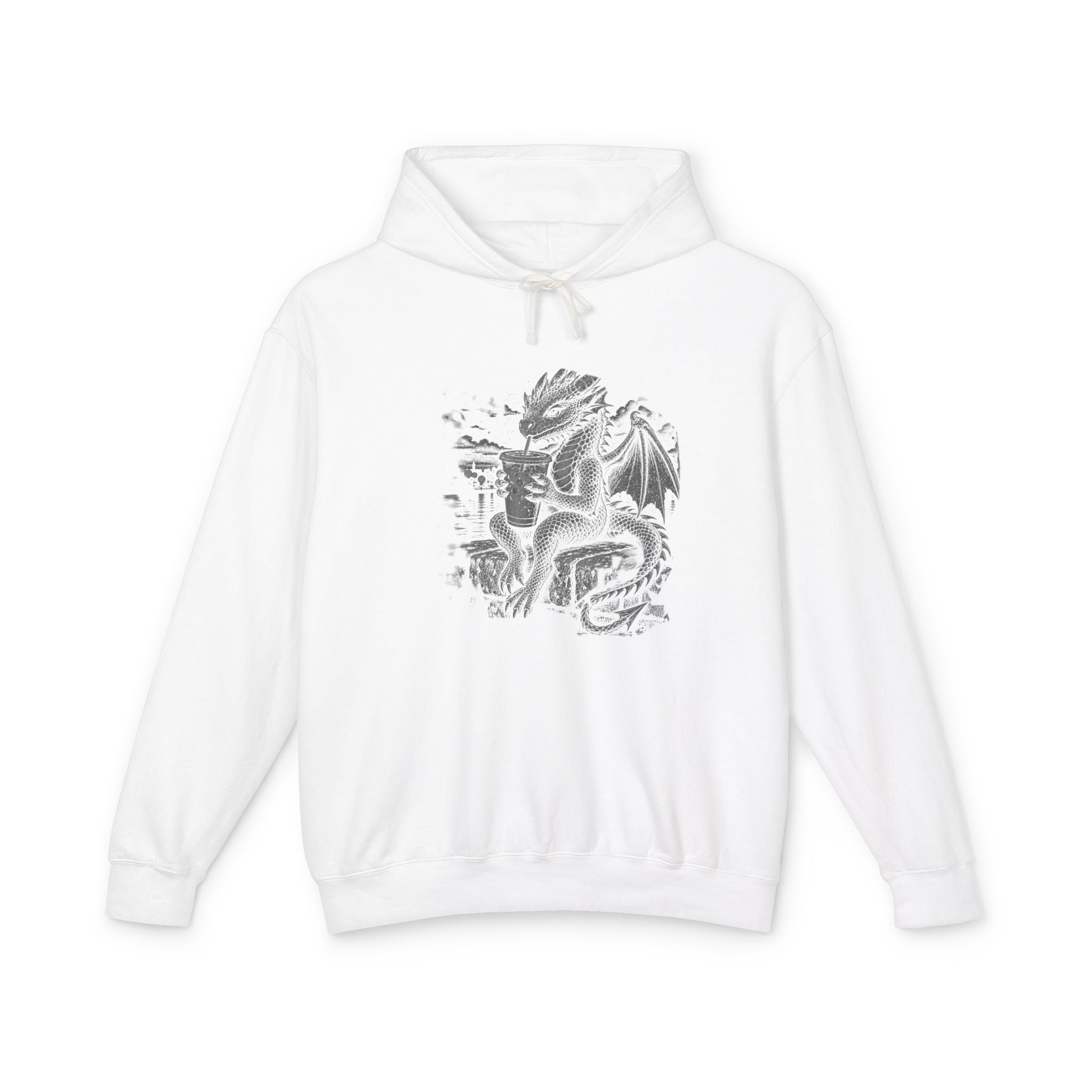 A white pullover hoodie featuring a detailed black and white dragon holding an iced coffee  graphic printed on the center chest, displayed against a solid white background.