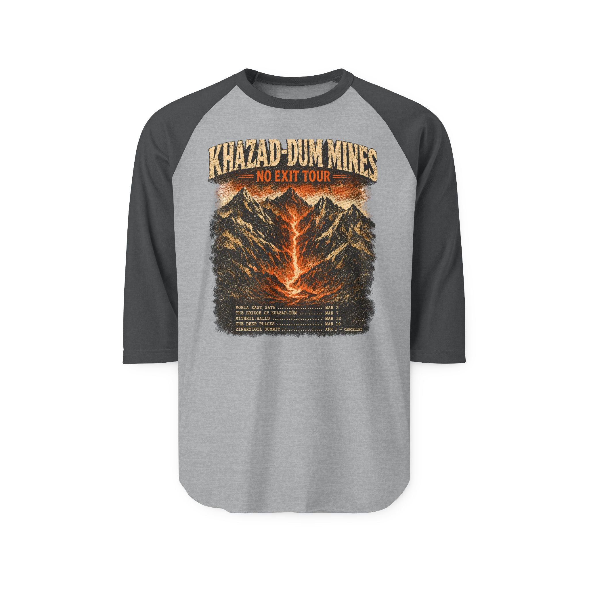 Khazad-Dûm Mines Tour Raglan Shirt — "No Exit Tour" Mountain Volcano Graphic
