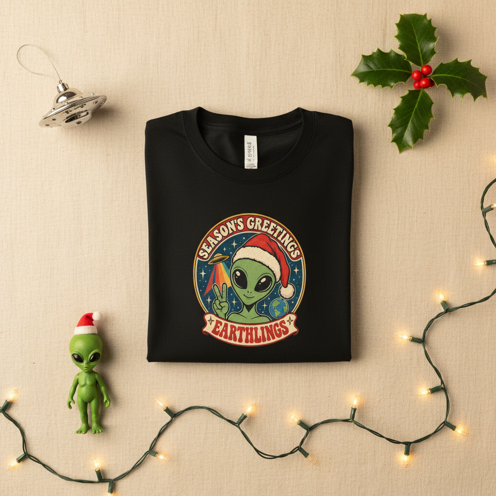 Alien Holiday T‑Shirt — "Season's Greetings Earthlings" Retro Graphic Comfort Colors Tee