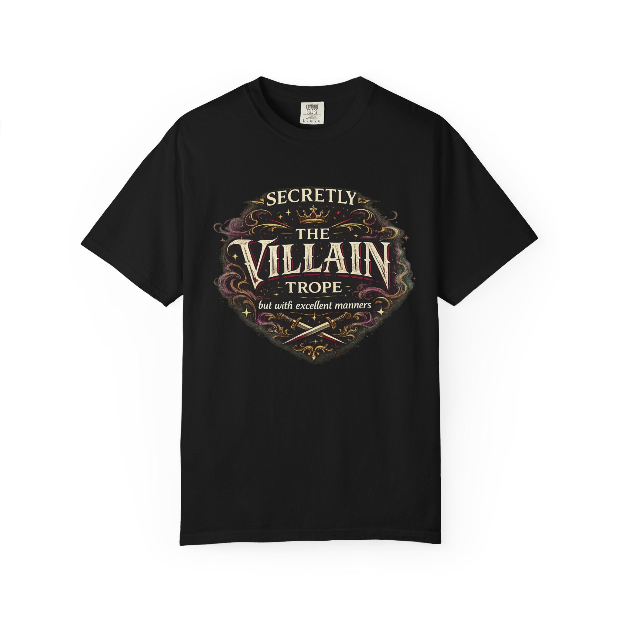 Villain Trope vintage fantasy Comfort Colors graphic tee, close-up of design