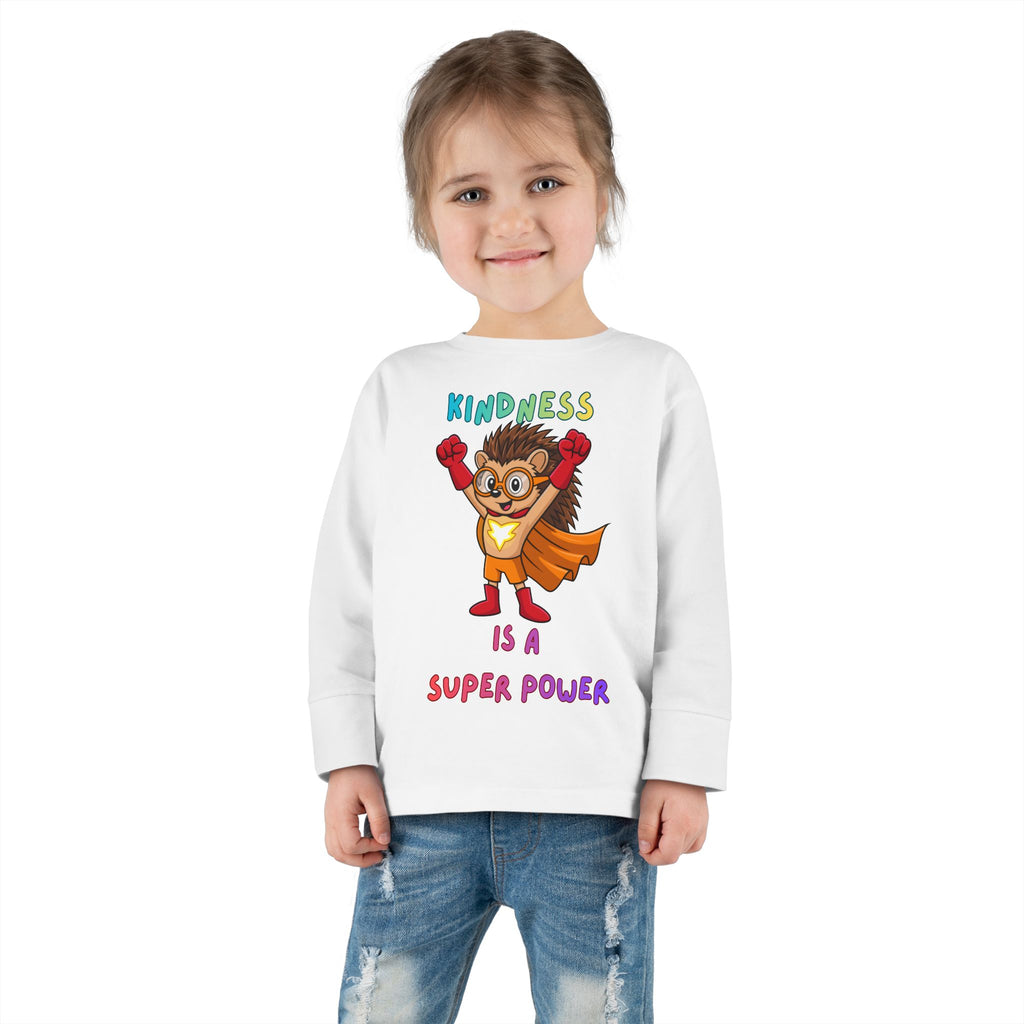 Kindness Is a Superpower Toddler Long Sleeve Tee | Hedgehog Superhero Graphic - Mutantur Labs LLC