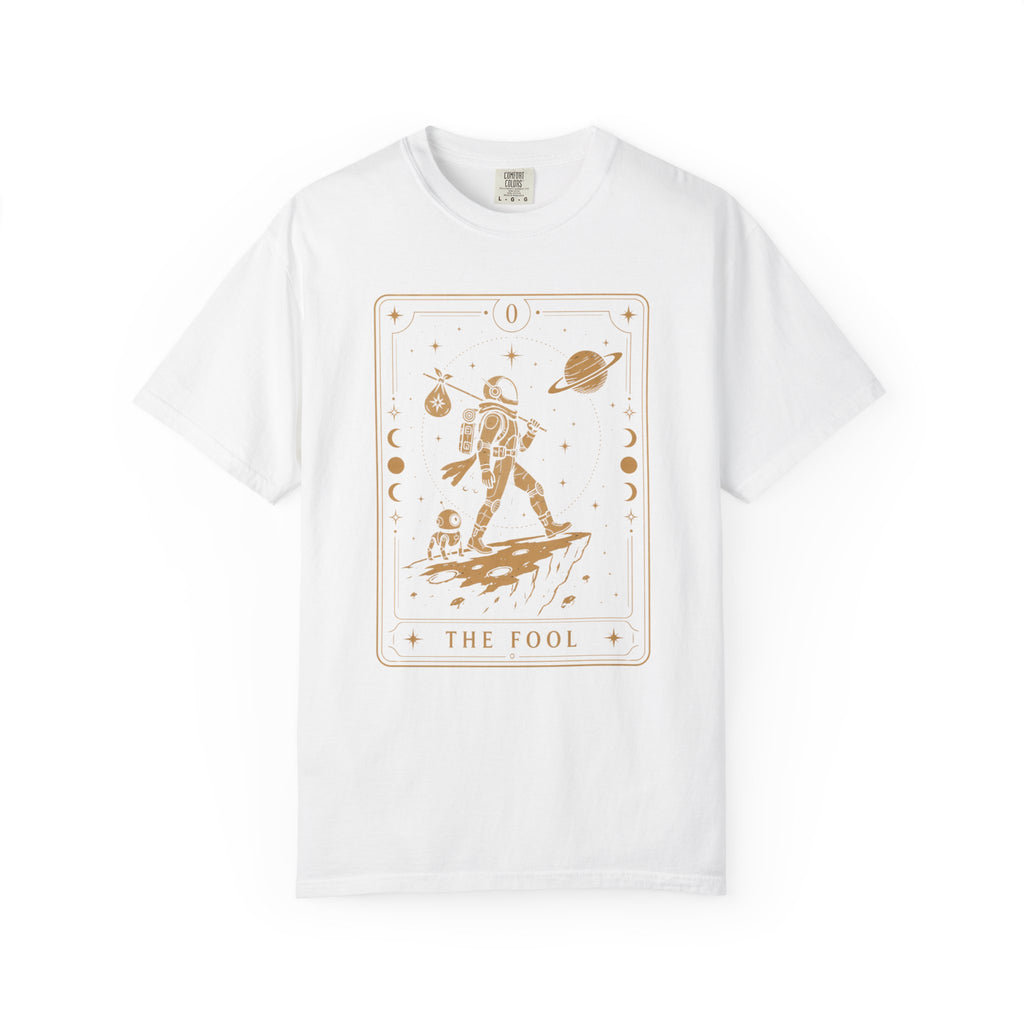 White t-shirt with 'The Fool' tarot card design featuring an astronaut on a white background
