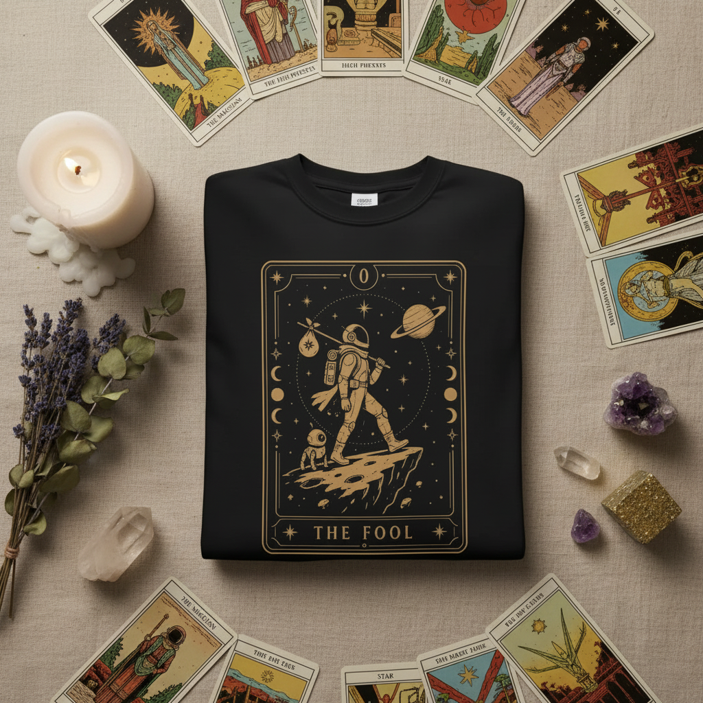 Black Comfort Colors t-shirt with 'The Fool' tarot card astronaut graphic, flat mockup