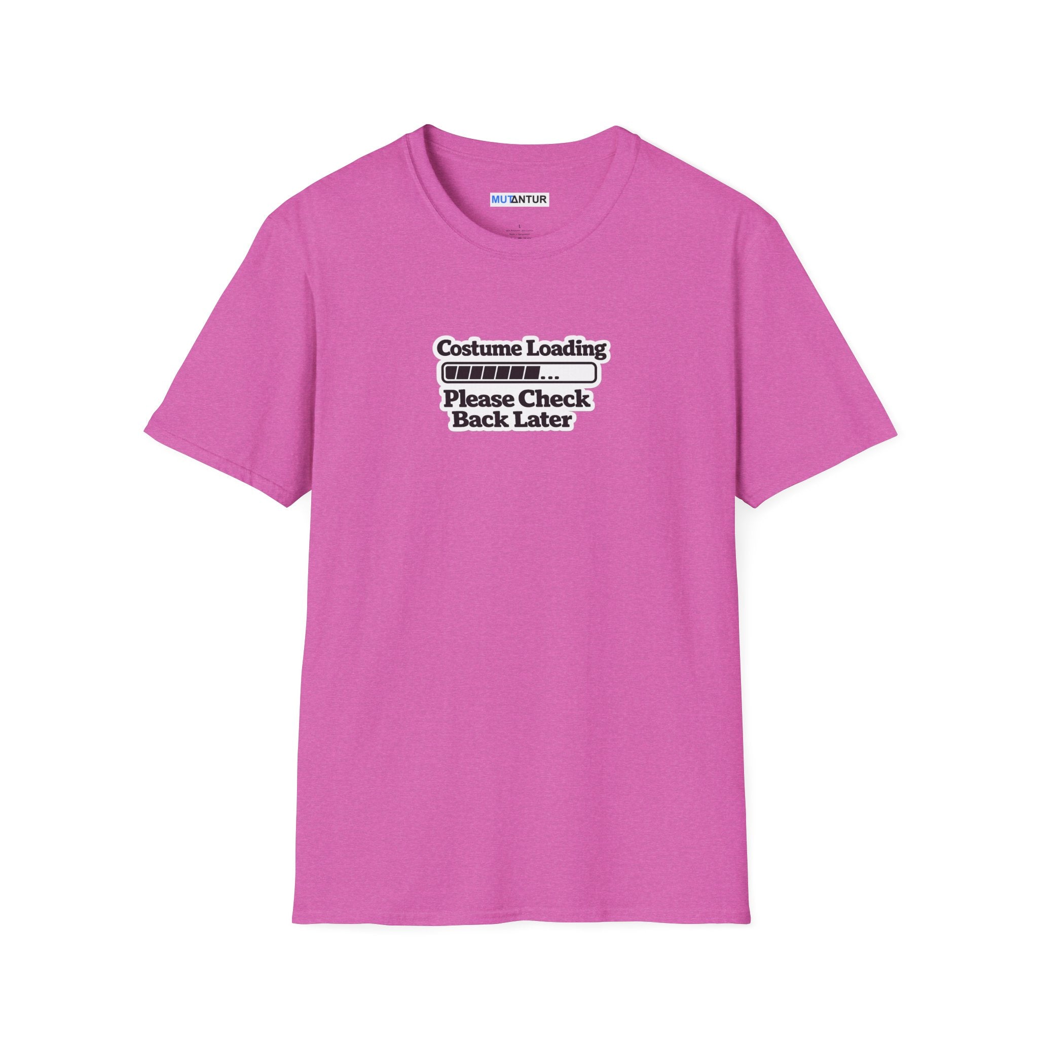 Pink crewneck t-shirt with a black graphic print on the chest that reads 'Costume Loading Please Check Back Later' with a progress bar,