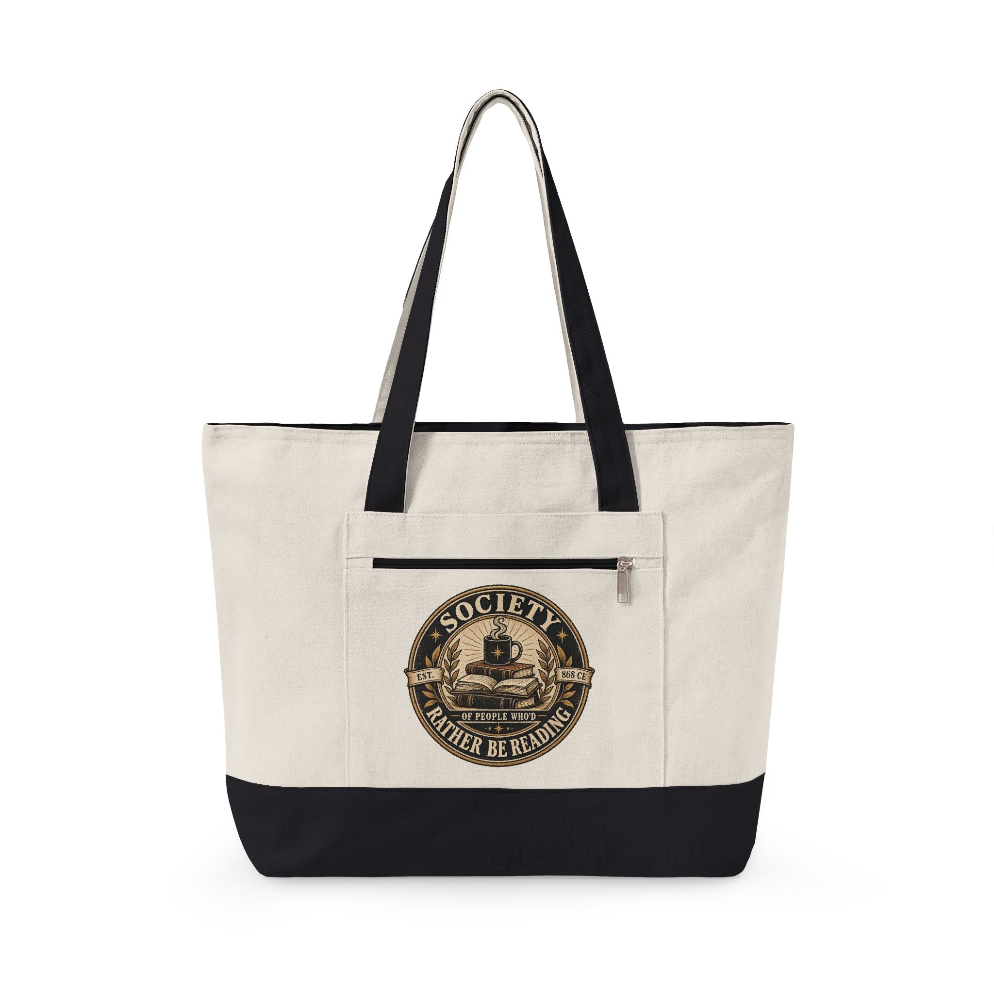 Beige tote bag with black accents featuring a graphic design pf a badge for the Society of those who's rather be reading on a white background