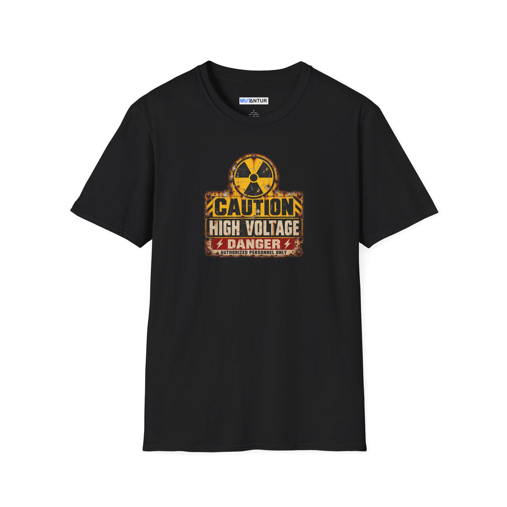  a black short sleeved  crewneck t shirt with a yellow, black, and CAUTION HIGH VOLTAGE sign design with the word DANGER below against a white background