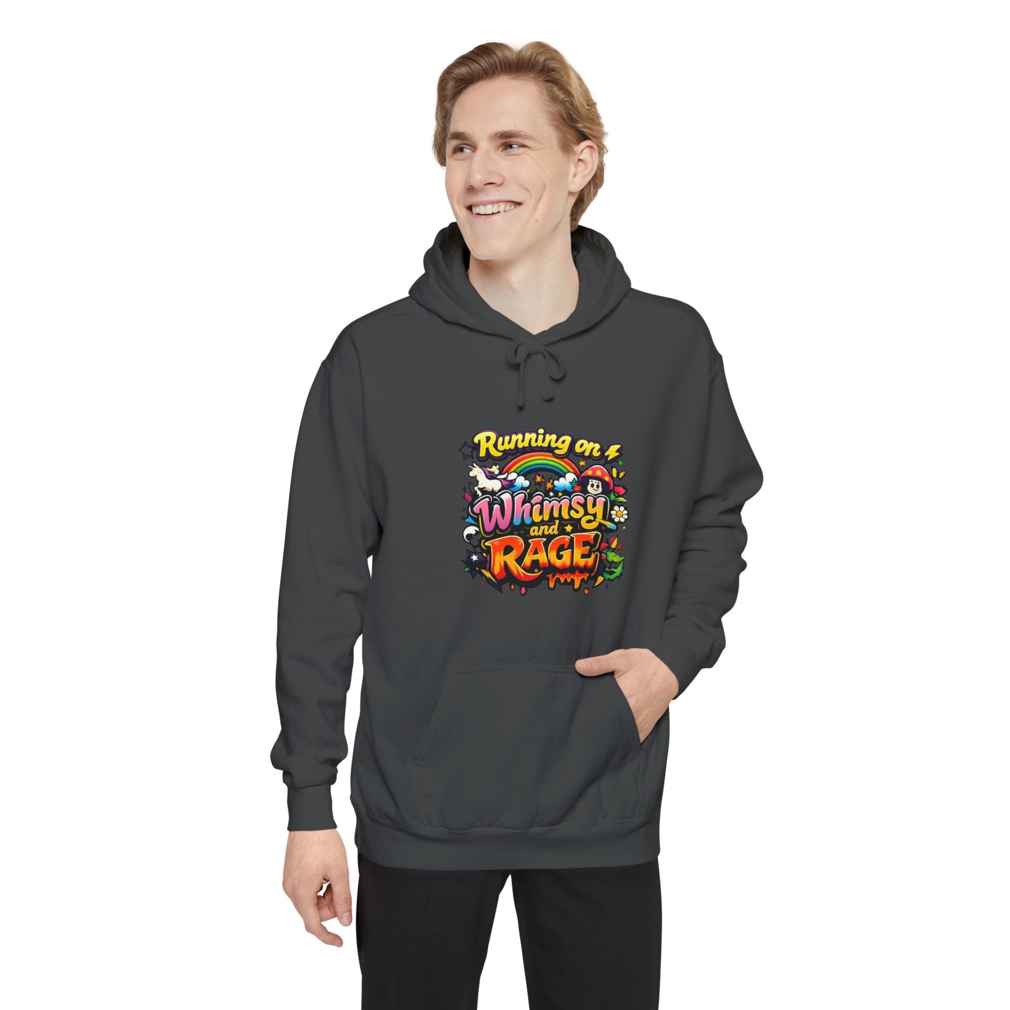 Hoodie — "Running on a Whimsy and Rage" Colorful Graphic Pullover
