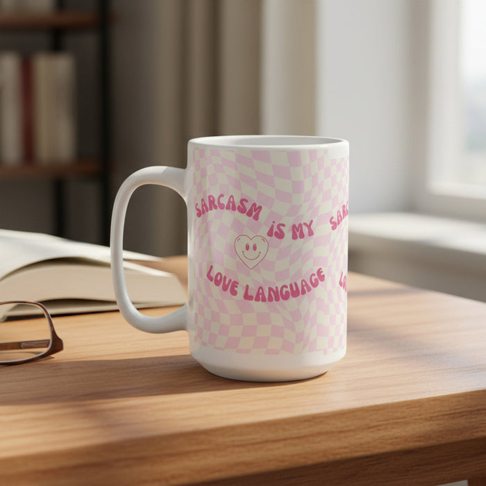 Sarcasm Is My Love Language 15oz Mug — Pink Retro Checkerboard Coffee Cup