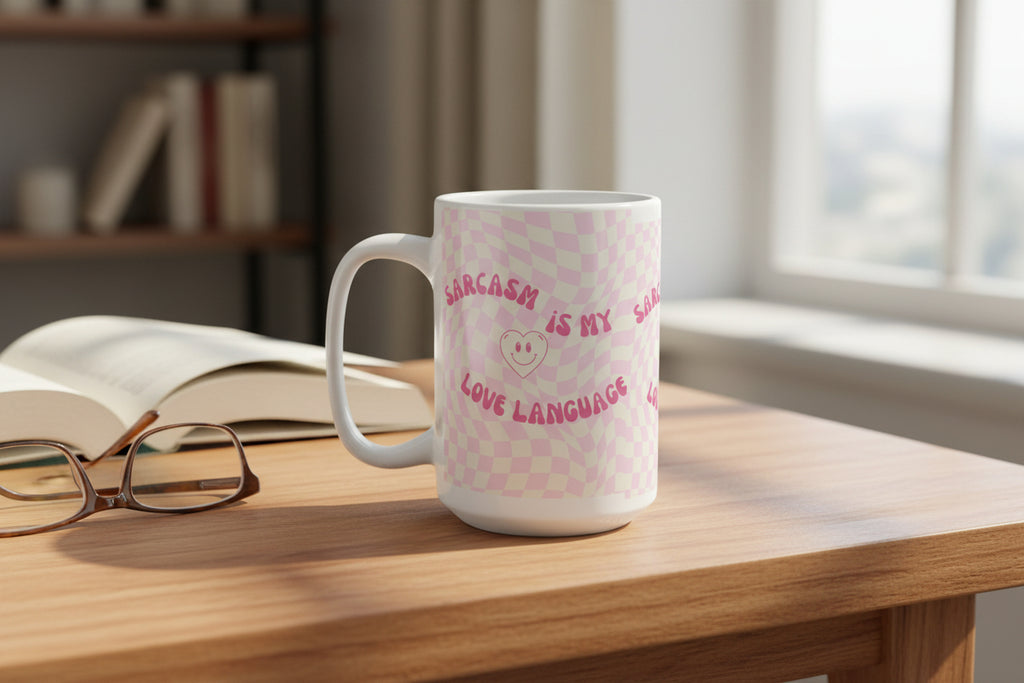 Sarcasm Is My Love Language 15oz Mug — Pink Retro Checkerboard Coffee Cup - Mutantur Labs LLC
