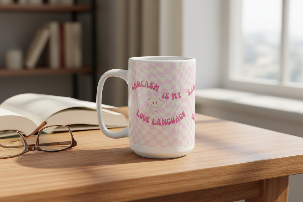 Sarcasm Is My Love Language 15oz Mug — Pink Retro Checkerboard Coffee Cup - Mutantur Labs LLC