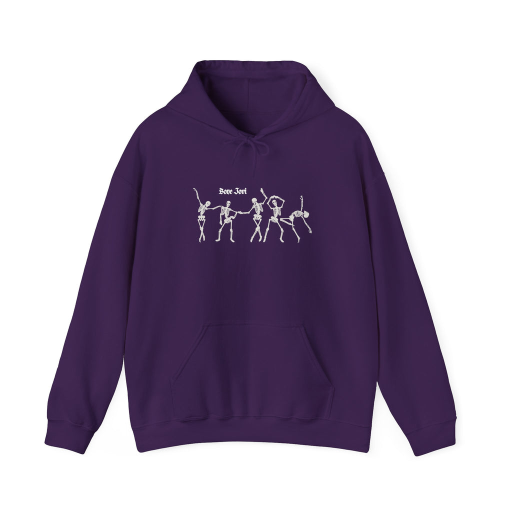 Purple hoodie with 6 dancing white skeletons with the words Bone Jovi against a white background
