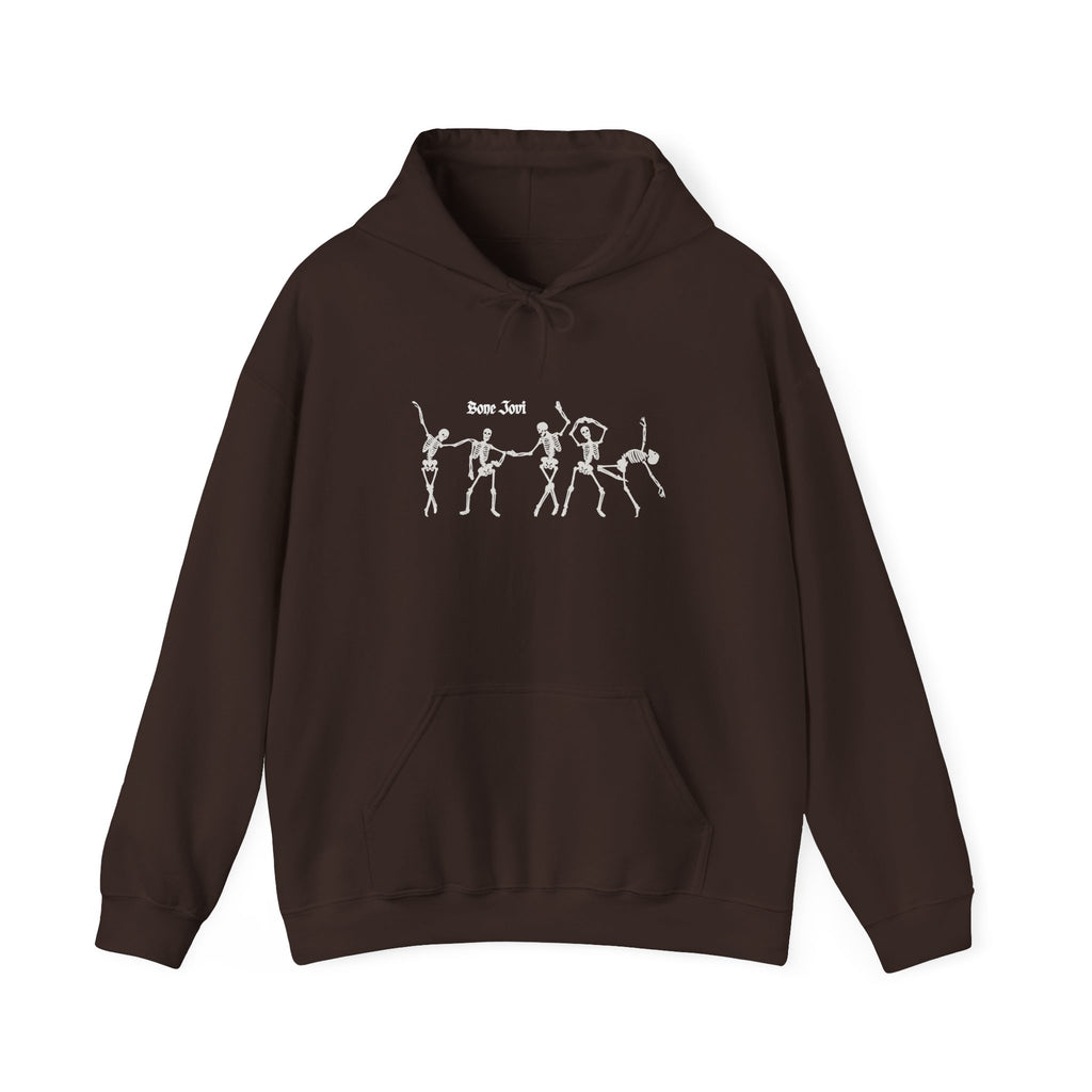 Brown hoodie with 6 dancing white skeletons with the words Bone Jovi against a white background