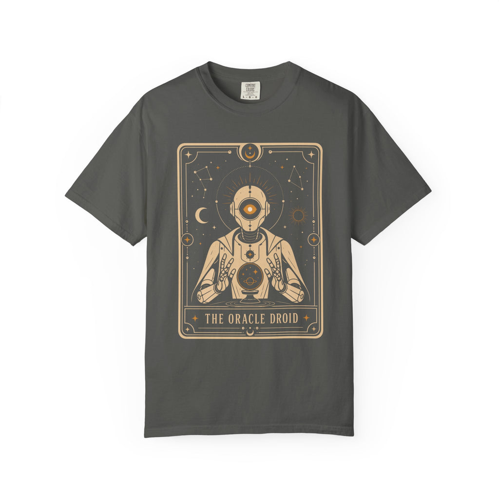 Oracle Droid Tarot T‑Shirt — Retro Sci‑Fi Tarot Robot Graphic Comfort Colors Tee - Mutantur Labs LLC