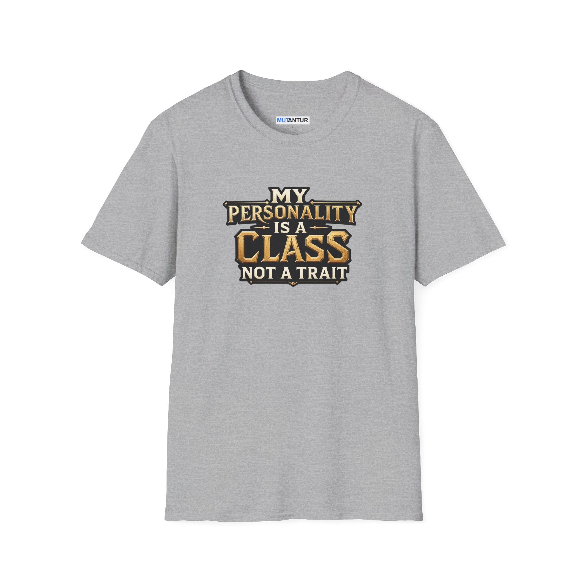 A heather gray short-sleeve t-shirt with a graphic text print on the chest that reads 'MY PERSONALITY IS A CLASS NOT A TRAIT' in gold, black, and white lettering, displayed on a clean white background.
