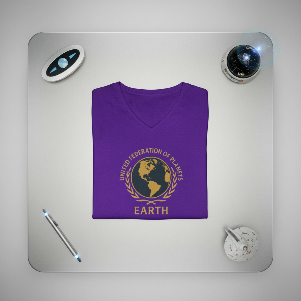 Purple v-neck t-shirt with 'United Federation of Planets Earth' crest graphic, folded and styled with sci-fi props