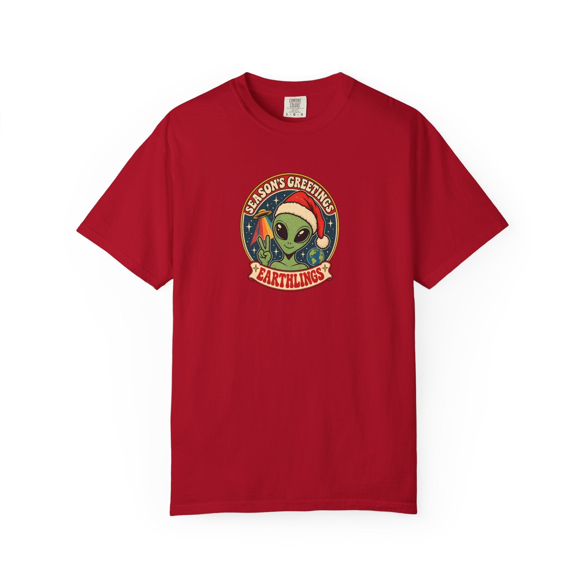 Alien Holiday T‑Shirt — "Season's Greetings Earthlings" Retro Graphic Comfort Colors Tee