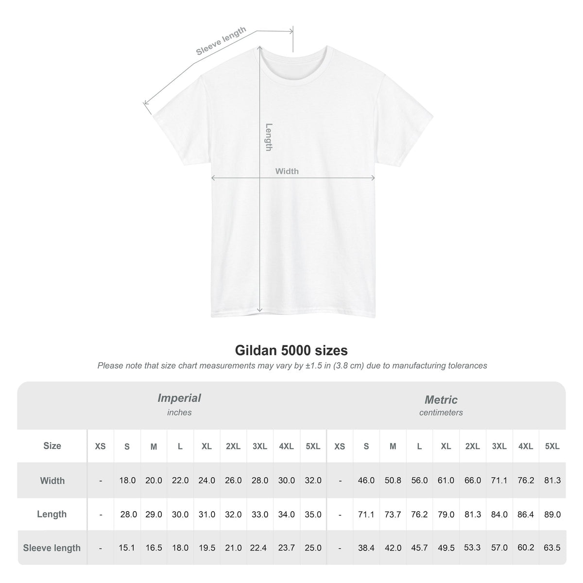 Pi Love T-Shirt size chart showing Gildan 5000 measurements in inches and centimeters for sizes XS to 5XL