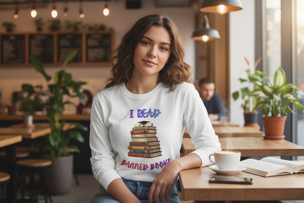 I Read Banned Books Long Sleeve Shirt | Stack of Books Reader Graphic Tee - Mutantur Labs LLC