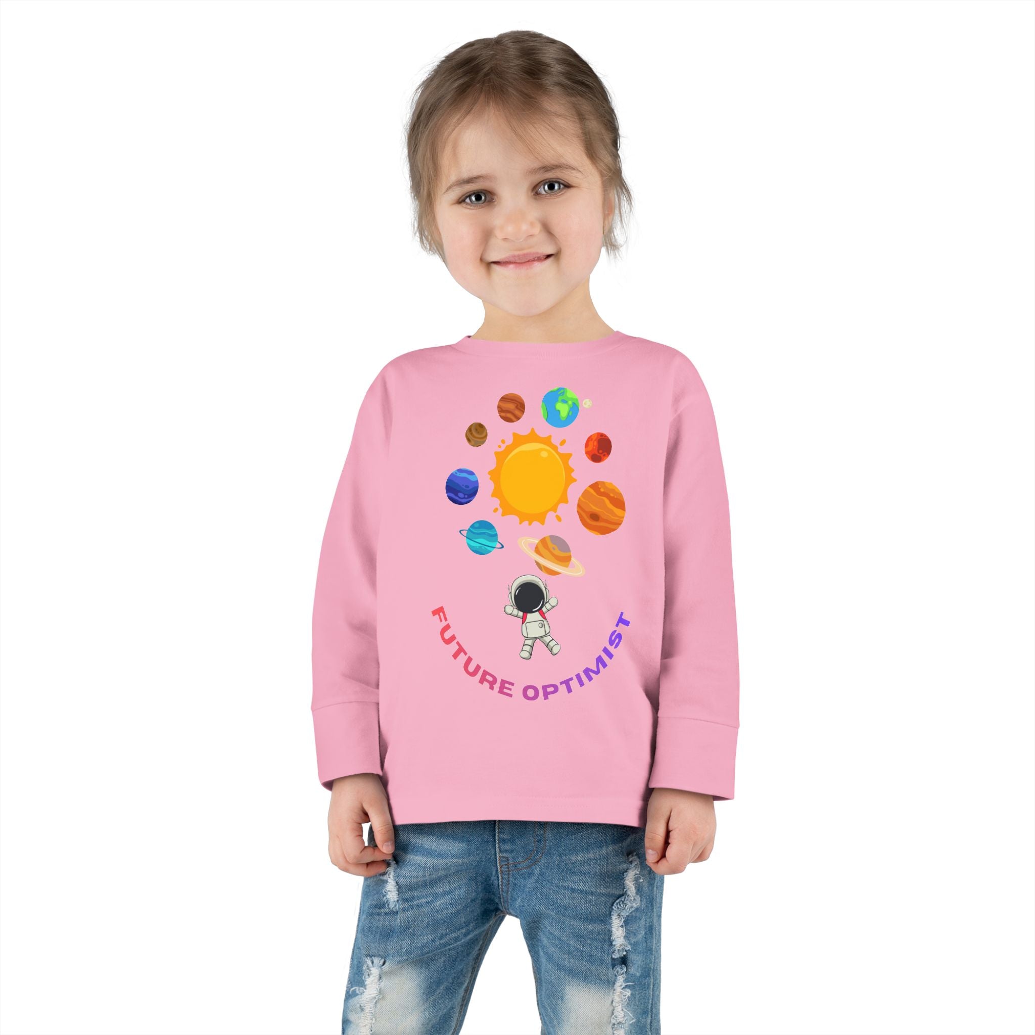 Future Optimist Astronaut toddler long sleeve tee | Solar System planets design - Mutantur Labs LLC