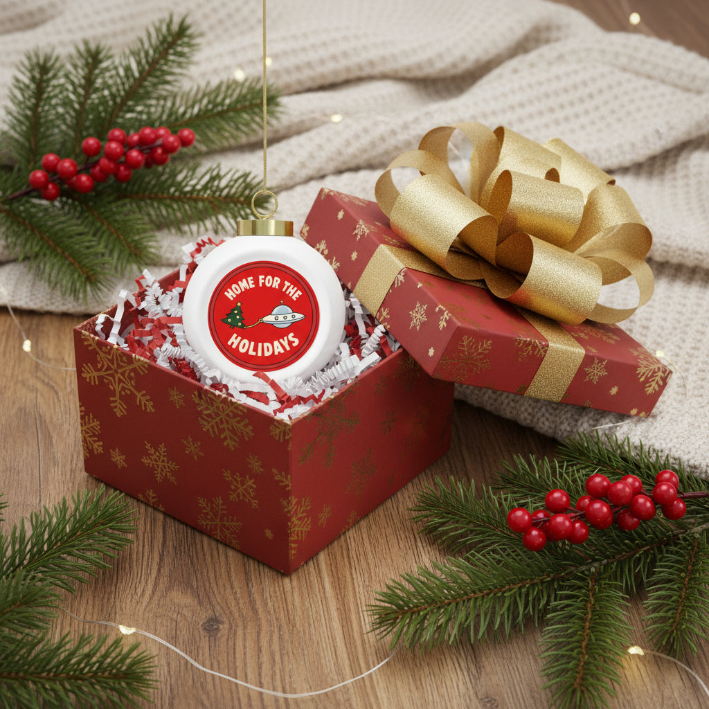 A round white Christmas ornament with a gold hanging loop and cap, featuring a red circular graphic that reads 'HOME FOR THE HOLIDAYS' with a small tree and flying saucer illustration.