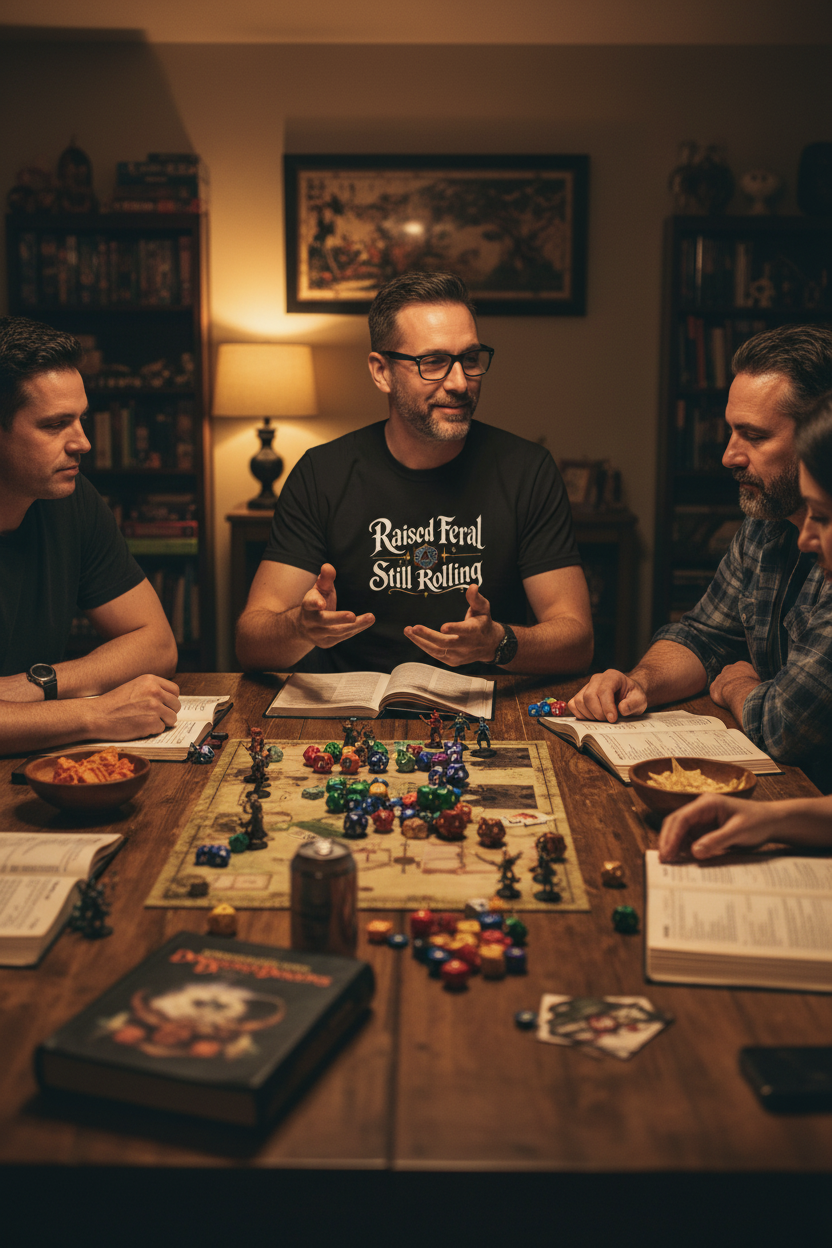 Four men gathered around a wooden table in a warmly lit room, playing a board game with dice, cards, and books. The central man wears a black graphic T-shirt with the white text 'Raised Feral Still Rolling