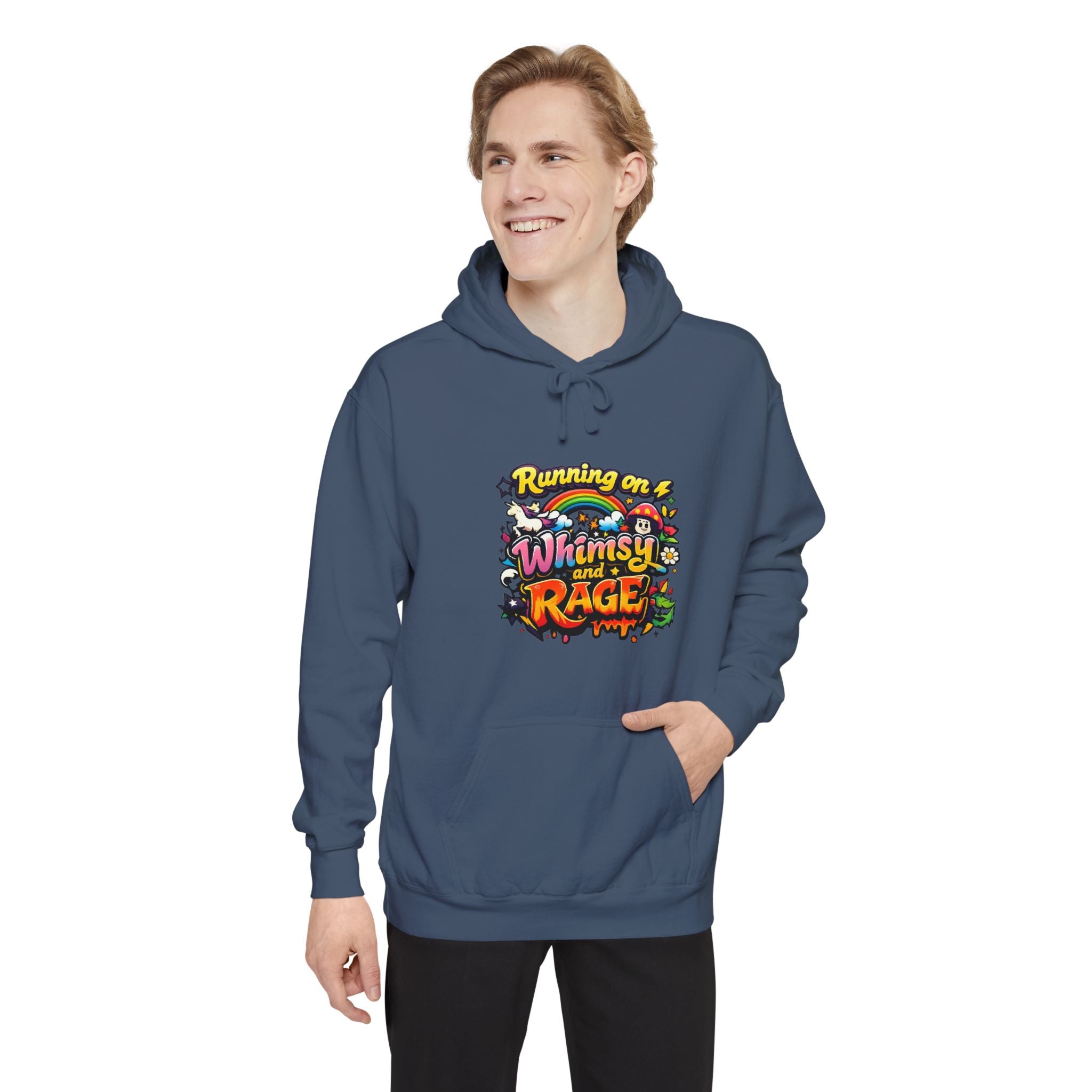 Hoodie — "Running on a Whimsy and Rage" Colorful Graphic Pullover