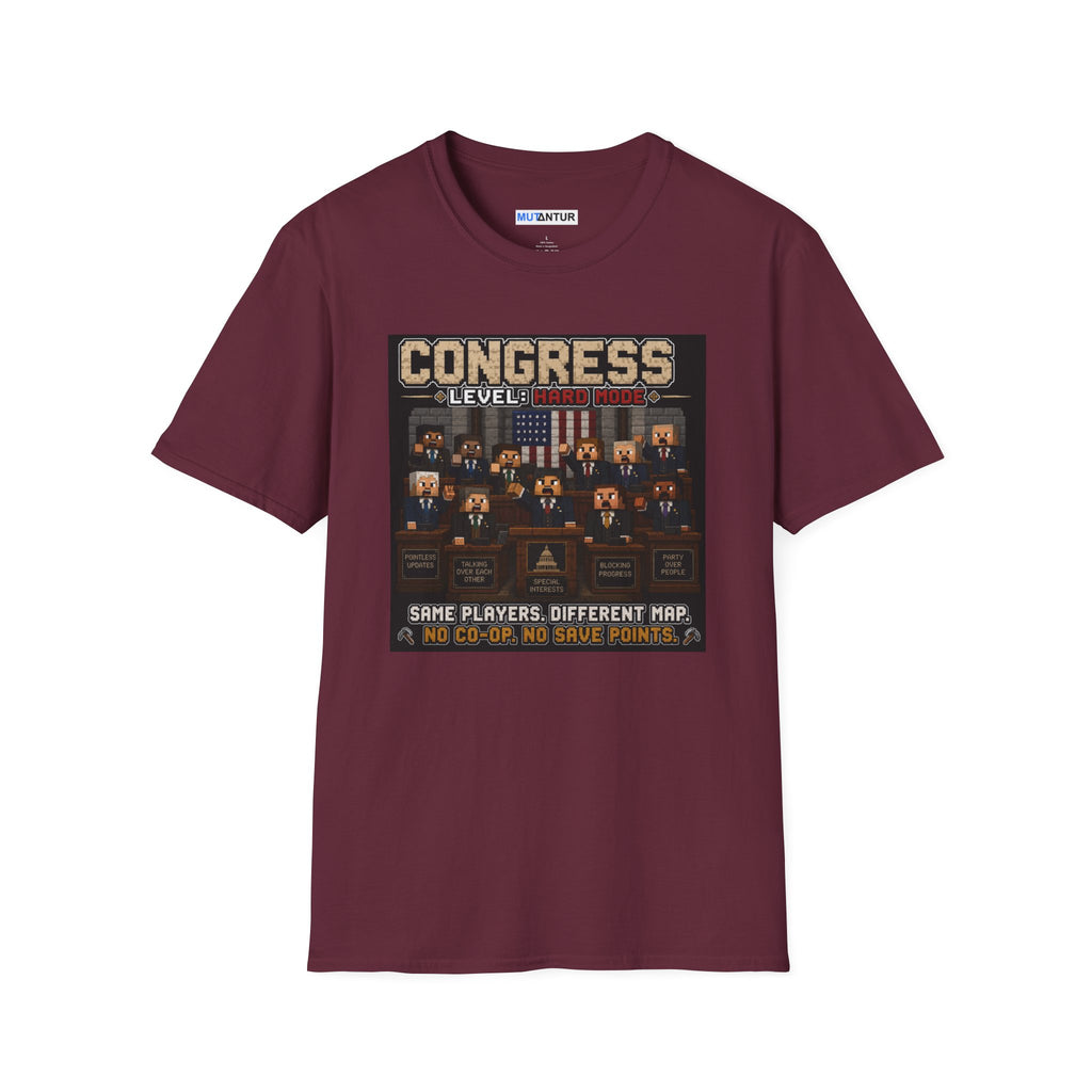 A maroon short-sleeve t-shirt with a detailed graphic print on the front depicting a retro video game lobby scene with the text 'CONGRESS LEVEL 1000' and 'SAME PLAYERS, DIFFERENT MAP. NO CO-OP.