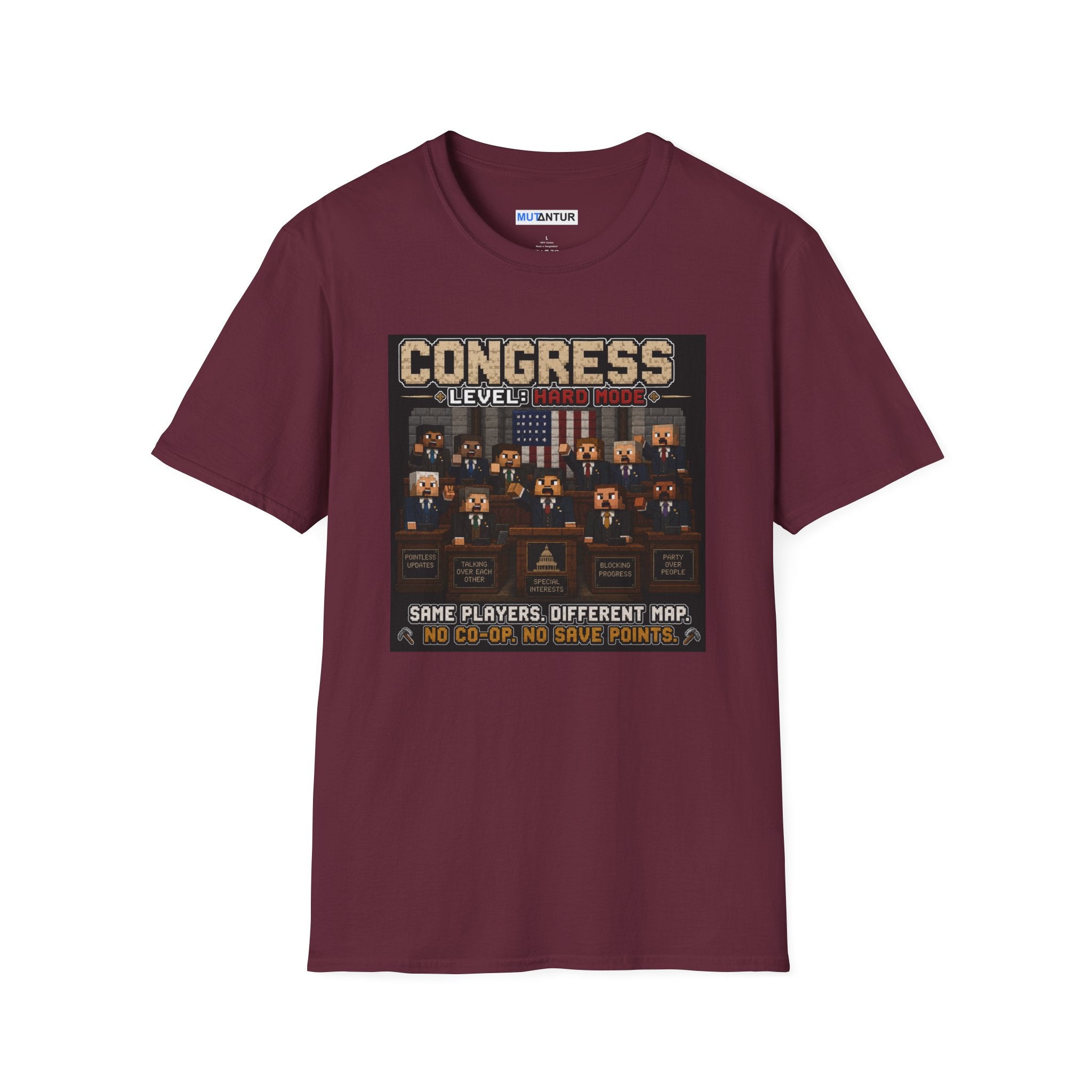 A maroon short-sleeve t-shirt with a detailed graphic print on the front depicting a retro video game lobby scene with the text 'CONGRESS LEVEL 1000' and 'SAME PLAYERS, DIFFERENT MAP. NO CO-OP.
