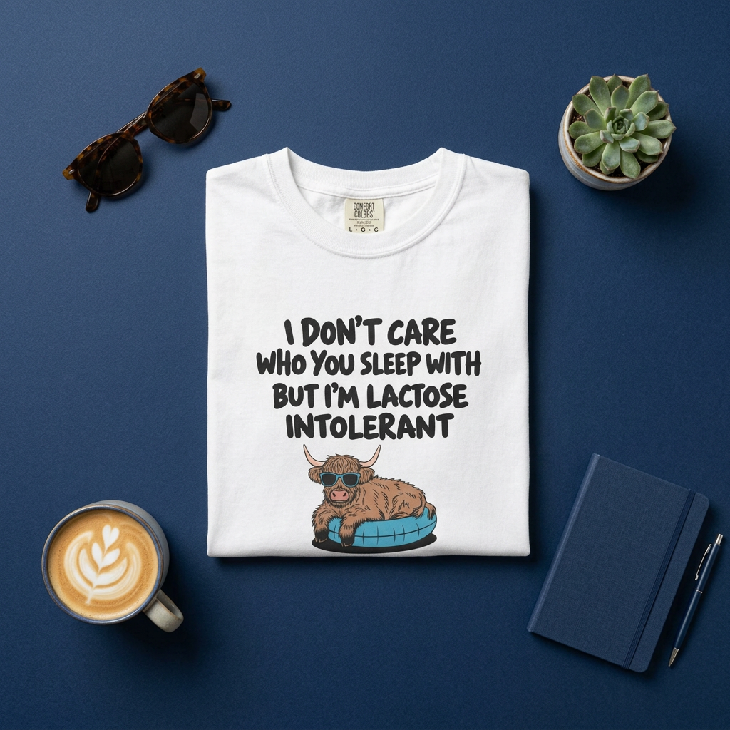 A folded white graphic T-shirt is arranged in a styled flat lay on a dark blue background, surrounded by sunglasses, a cup of latte, a succulent, and a notebook. The shirt features a cartoon Highland cow wearing sunglasses and a blue tub, with the text 'I DON'T CARE WHO YOU SLEEP WITH BUT I'M LACTOSE INTOLERANT