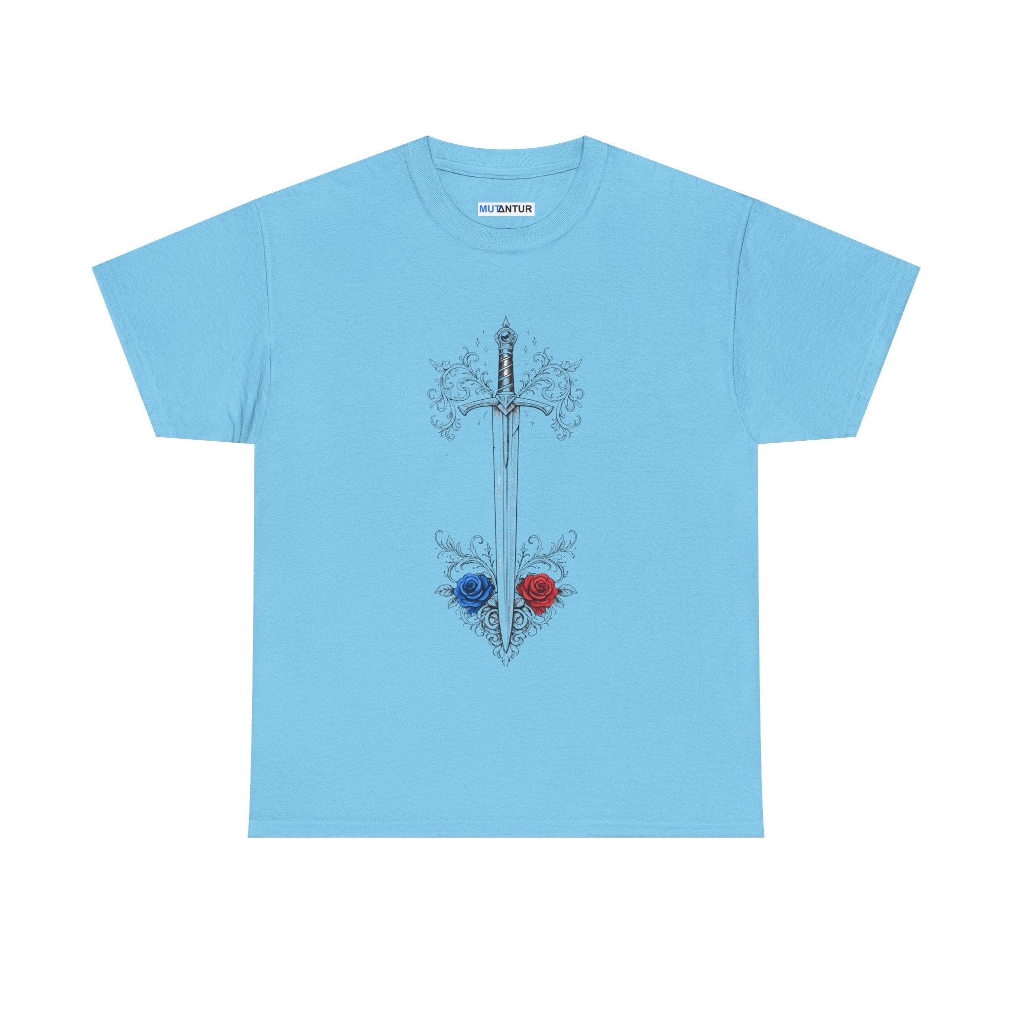 Sword and Roses Graphic Tee — Gothic Floral Sword T‑Shirt (Red & Blue Roses) - Mutantur Labs LLC