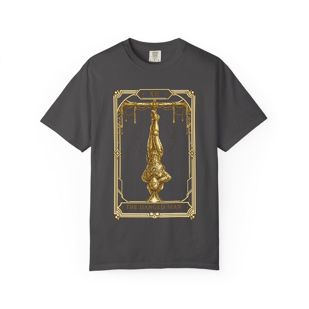 a grey Comfort Colors t-shirt featuring The Hanged Man from the Future Arcana collection, inspired by The Hanged Man tarot card. A futuristic explorer hangs suspended upside down within an elegant Art Deco celestial frame, illustrated in vintage gold line art on a transparent background.