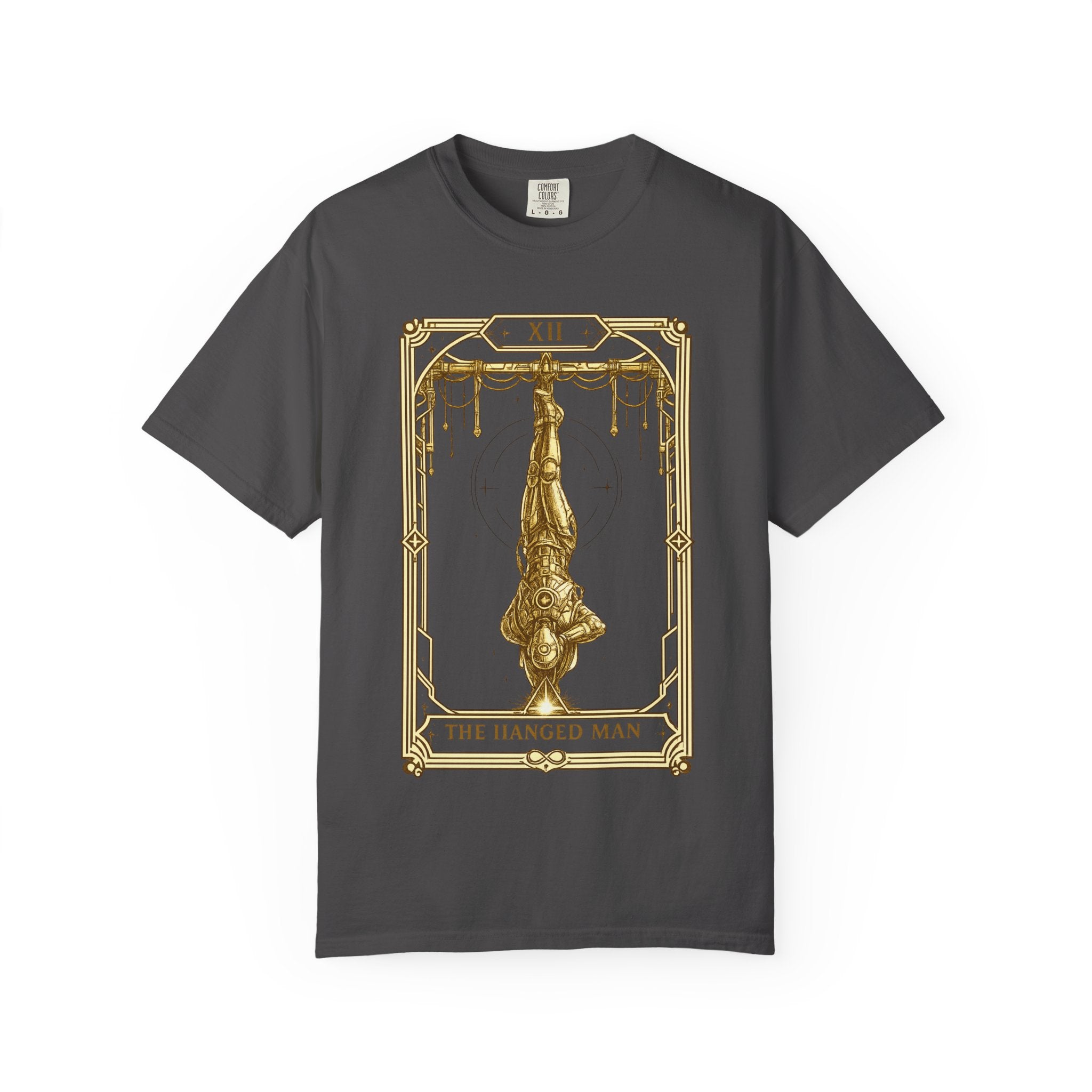 a grey Comfort Colors t-shirt featuring The Hanged Man from the Future Arcana collection, inspired by The Hanged Man tarot card. A futuristic explorer hangs suspended upside down within an elegant Art Deco celestial frame, illustrated in vintage gold line art on a transparent background.