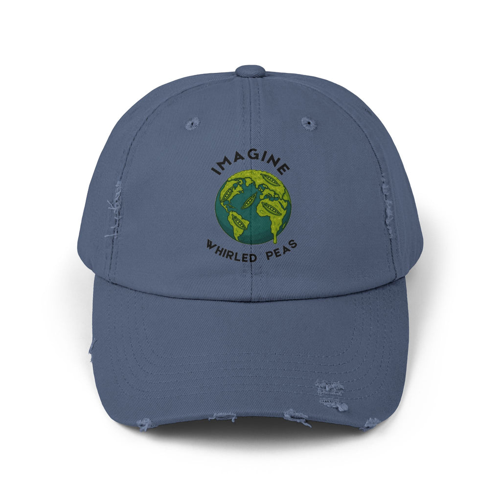 Imagine Whirled Peas pun Unisex Distressed Cap with Planet design - Mutantur Labs LLC