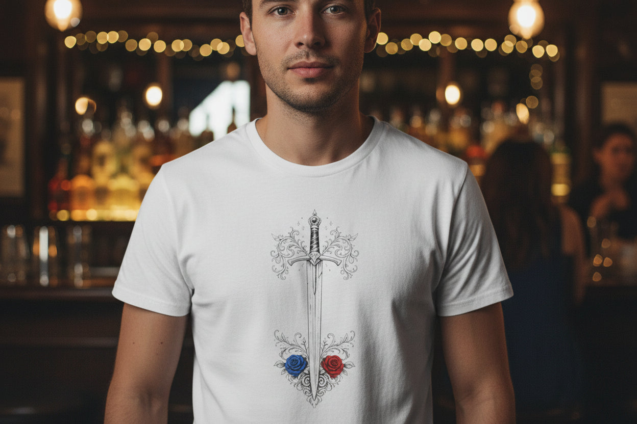 Sword and Roses Graphic Tee — Gothic Floral Sword T‑Shirt (Red & Blue Roses) - Mutantur Labs LLC