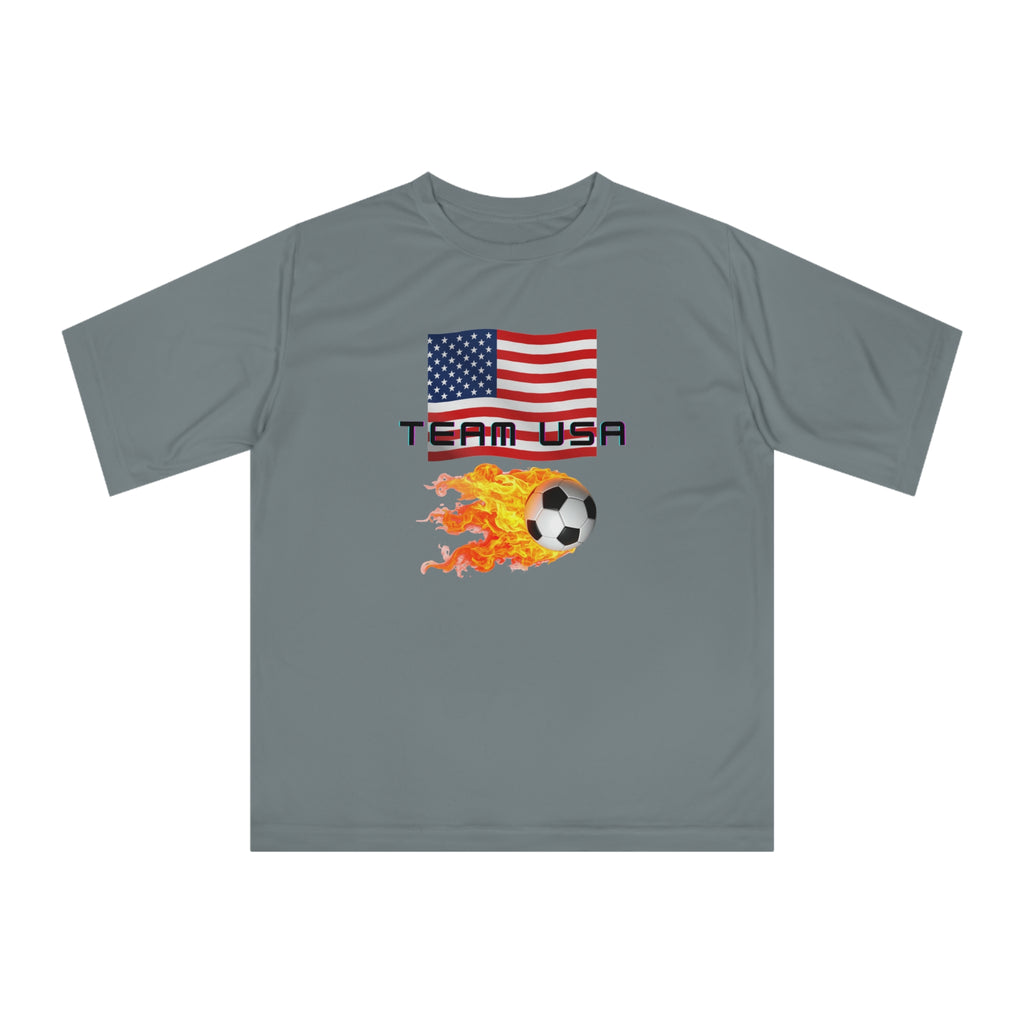 Team USA Flaming Soccer Ball T-Shirt — American Flag Soccer Tee with SPF protection - Mutantur Labs LLC