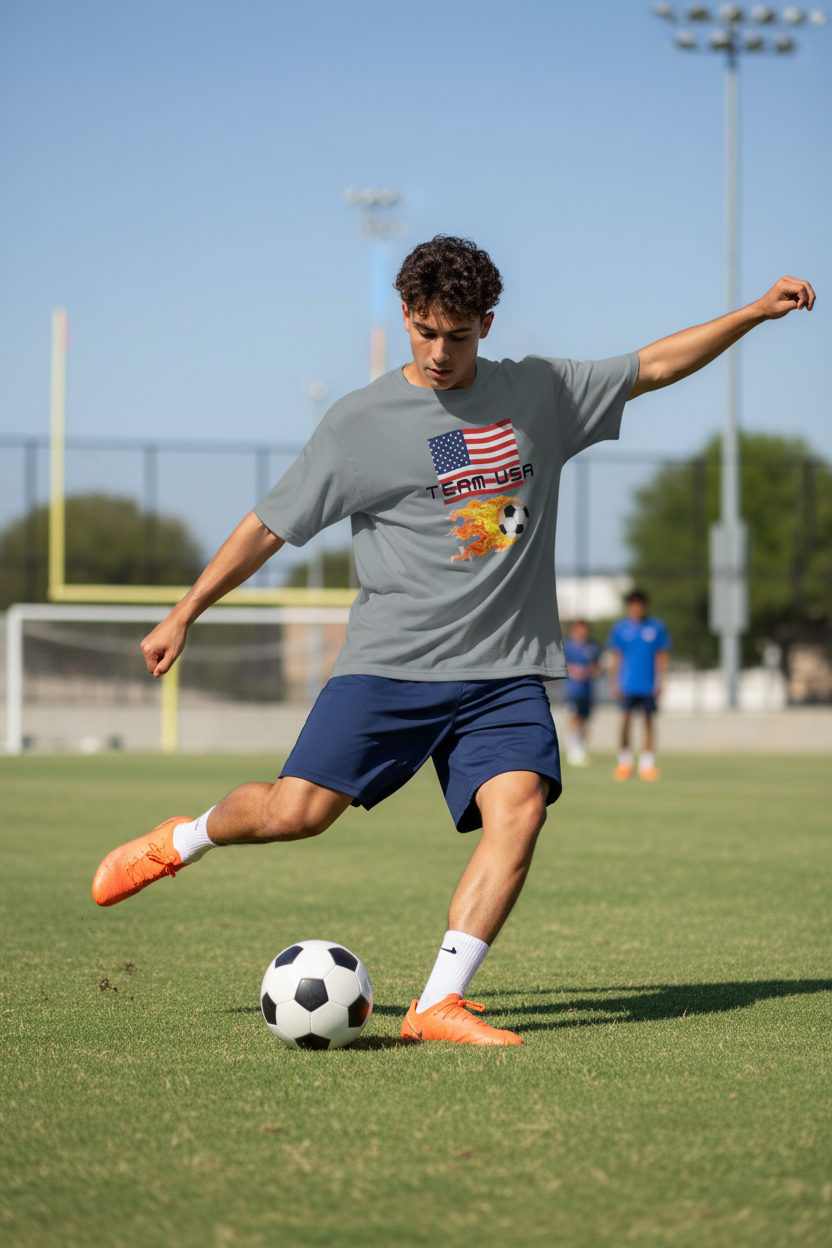 Team USA Flaming Soccer Ball T-Shirt — American Flag Soccer Tee with SPF protection - Mutantur Labs LLC